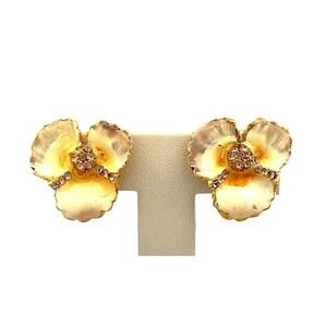 VTG Weiss Gold Tone, Rhinestone & Enamel Clip‎ Back Pansy Flower Earrings! 154